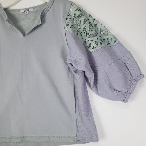 GIMMICK BKE Womens Blouse Medium Pieced Lace Pigeon Gray/Blue Green Cottage Slub - Picture 6 of 13